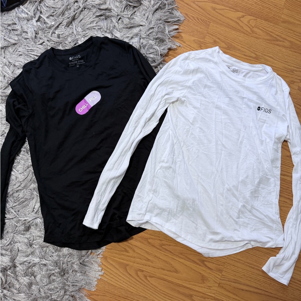 Figs Long Sleeve Tee Pair - Black, White & Purple Accent